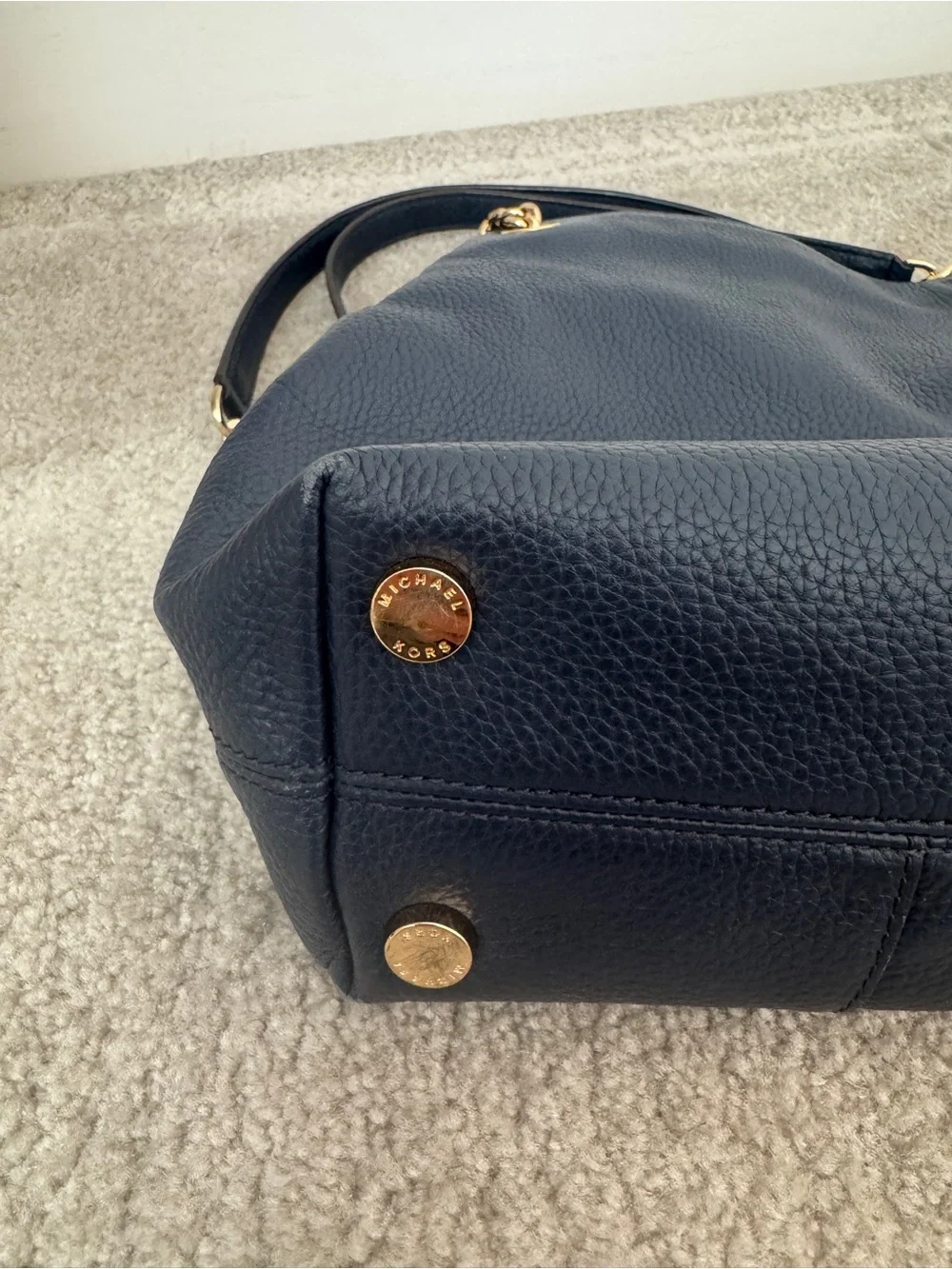 Michael Kors Navy Pebbled Leather Shoulder Bag with Gold Chain Handles and Studs